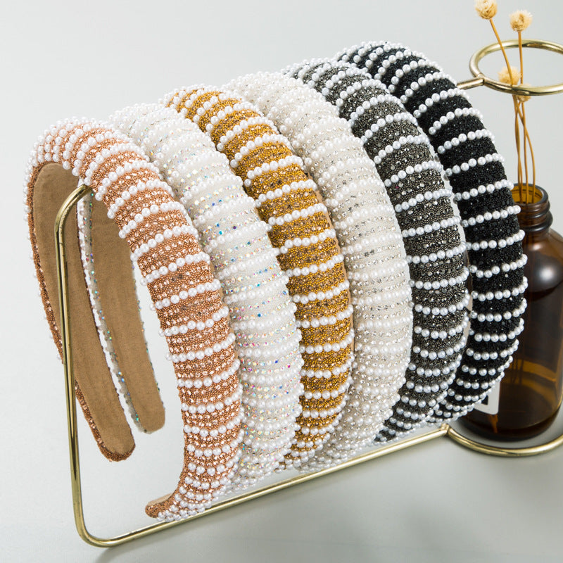 New Full Diamond Headband Pearl Rhinestone Fashion Headband Versatile Hair Accessories For Going Out - Korvel