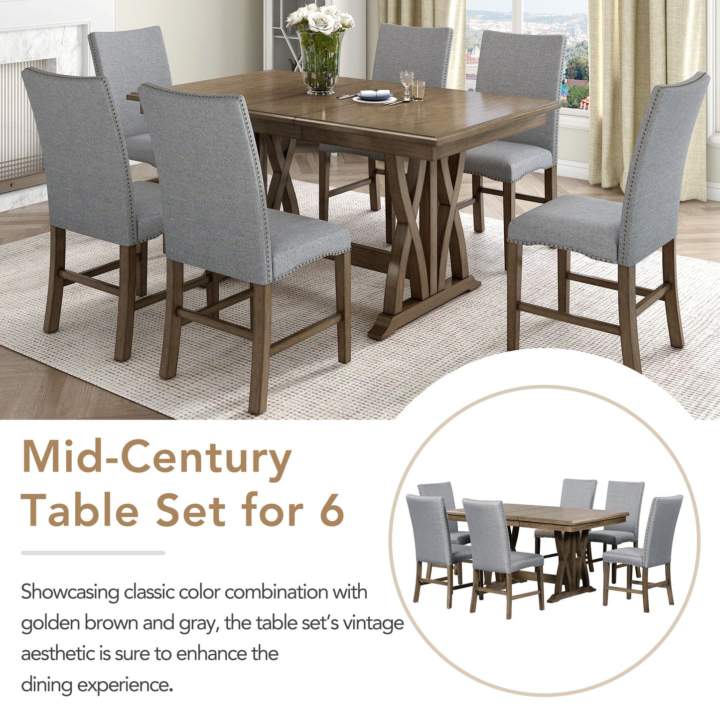 Ensemble de salle à manger TOPMAX en bois massif de style mid-century de 7 pièces