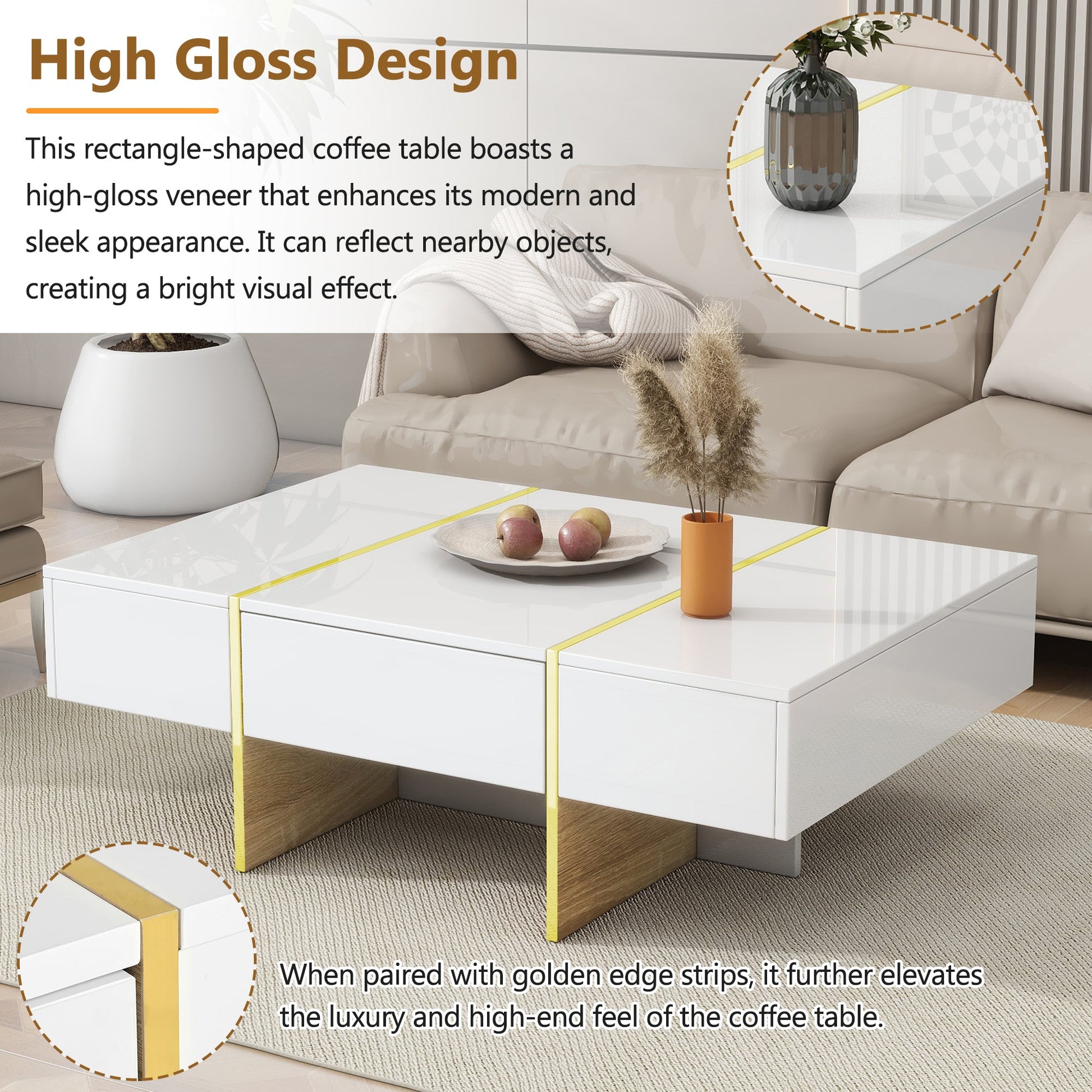 ON-TRANS 47.2 inch x 31.4 inch multifunctional rectangular sofa table with 2 drawers and gold wood grain leg center table, white - Korvel