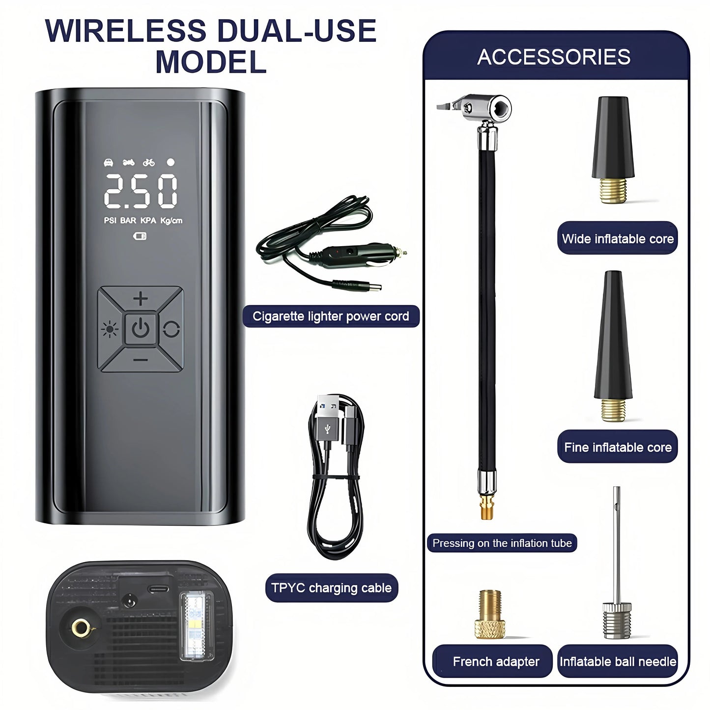 6000mAh Portable Car Air Compressor - 12V Electric Tire Inflator