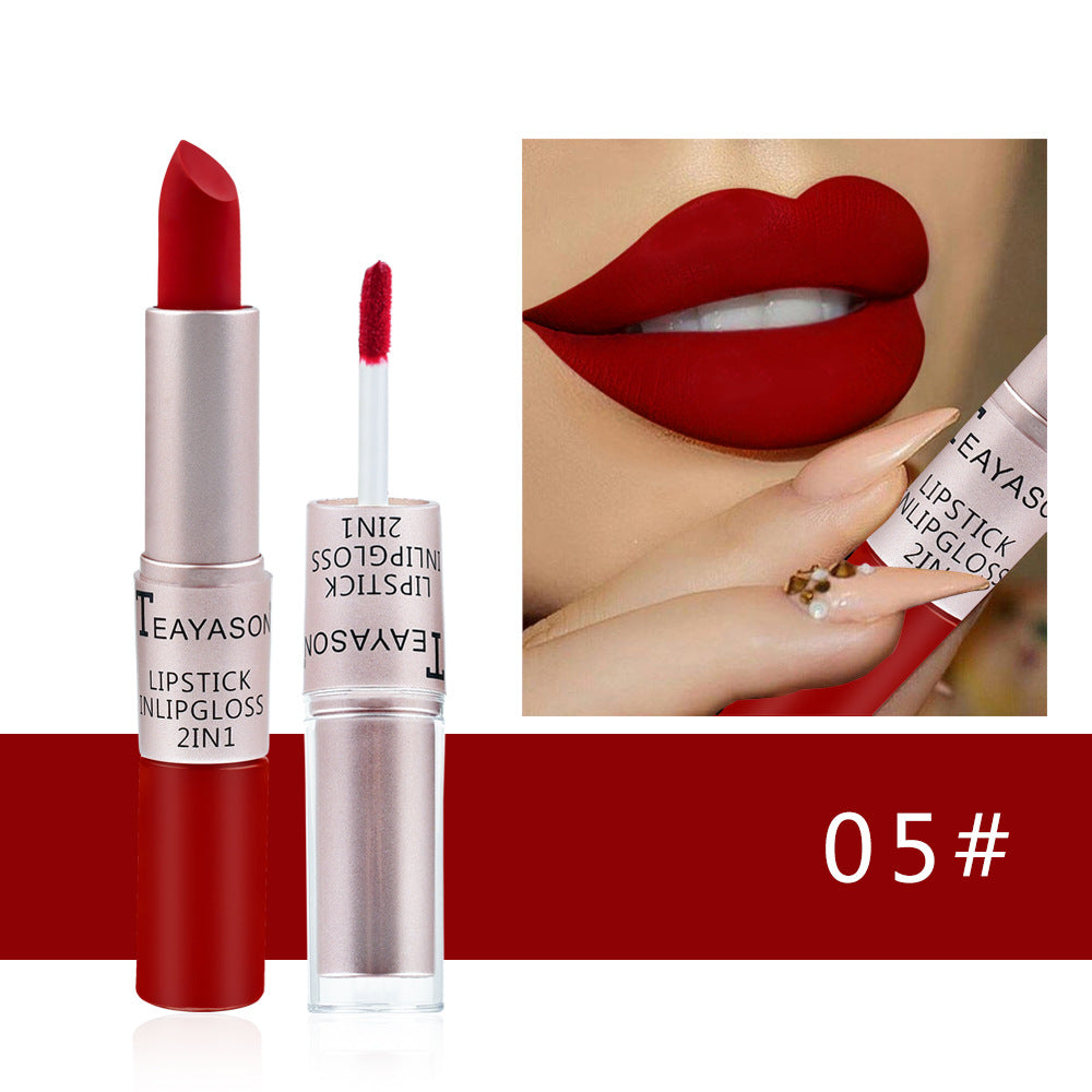 Double-Headed Non-Stick Cup Matte Matte Lip Gloss Two-In-One Matte Bean Paste Does Not Fade With Cup Lipstick Female - Korvel