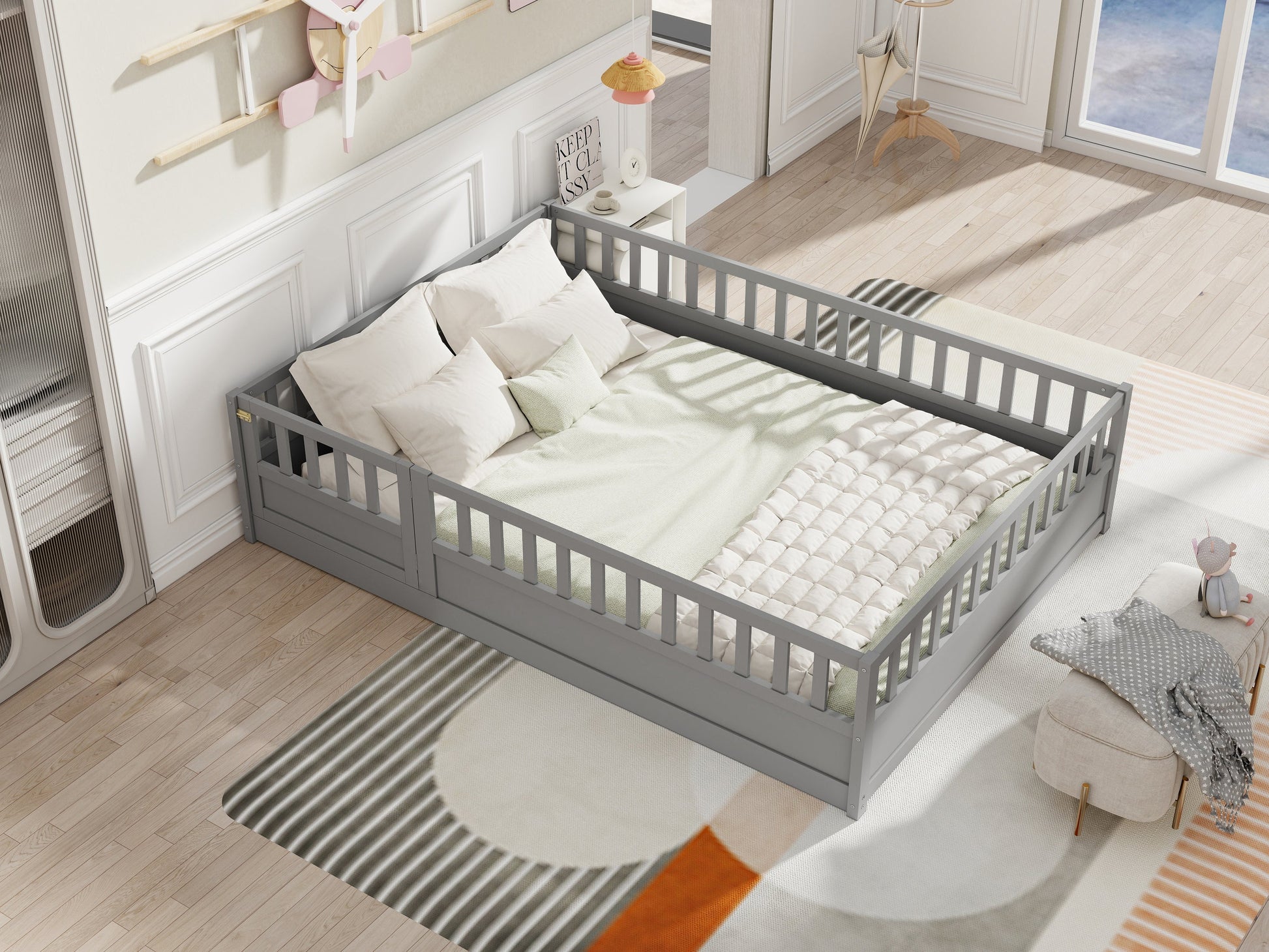 Full size floor bed, children's floor bed frame, Montessori wood floor bed, support Flat noodles gray - Korvel