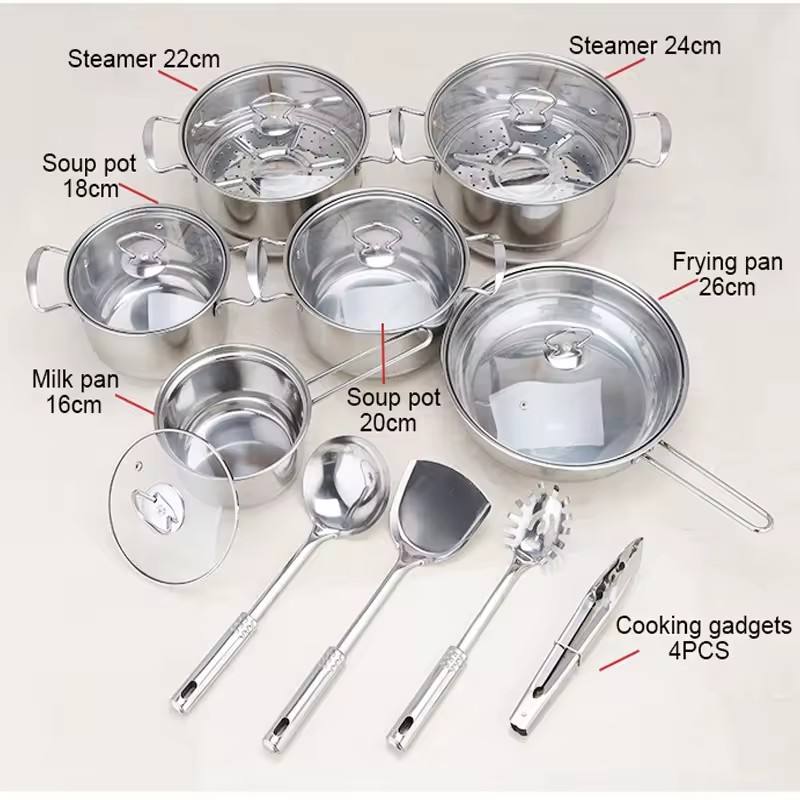 Stainless steel cookware set of 18 pieces household kitchen set soup pot set 16-26cm cutlery set pot set - Korvel