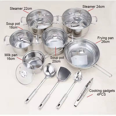 Stainless steel cookware set of 18 pieces household kitchen set soup pot set 16-26cm cutlery set pot set - Korvel