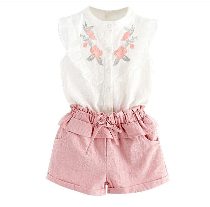 INS Children's Clothing Girls Embroidered Flowers Ruffled Lace Sleeveless Shirt Two-Color Shorts Set - Korvel