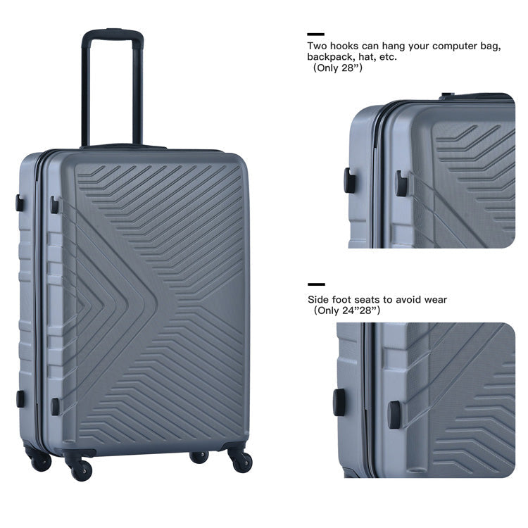 3 Piece Luggage Sets ABS Lightweight Suitcase with Two Hooks, Spinner Wheels, TSA Lock, (20/24/28) Gray - Korvel