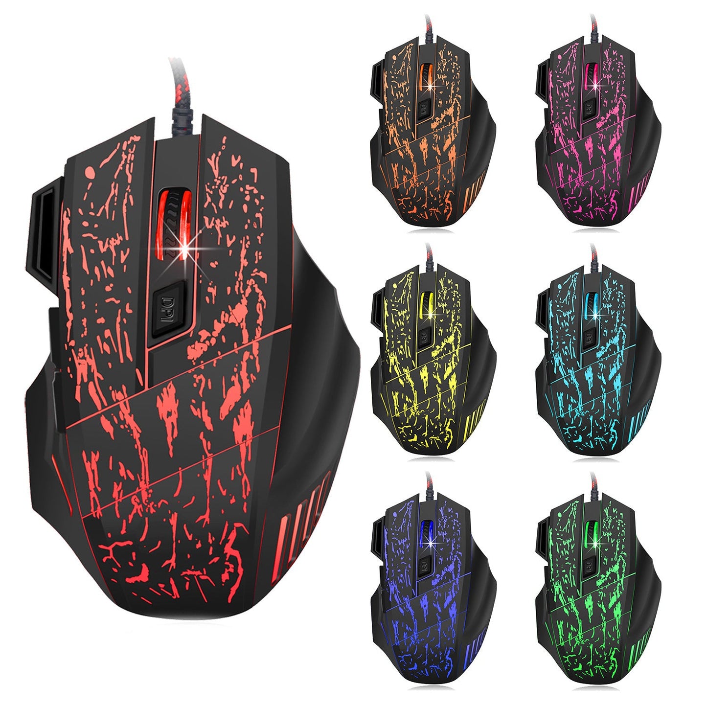 HXSJ Flow Crack Gaming Mouse - Óptico 7D con Luces Coloridas