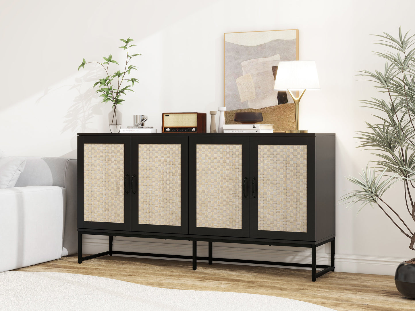 Rattan 4-Door Sideboard , Sideboard Buffet Storage Cabinet,Accent Storage Cabinet , Large Cabinet With 4 Rattan Decorated Doors - Korvel