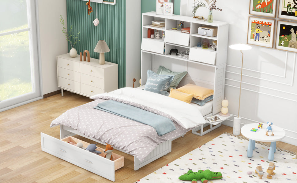 ueen Size Murphy Bed with Bookcase, Bedside Shelves and a Big Drawer, White - Korvel