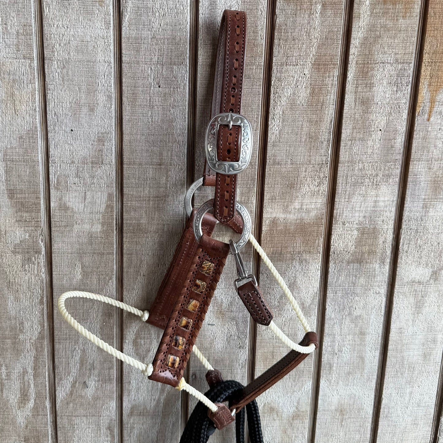 Halter en cuir deluxe avec nez en corde et franges
