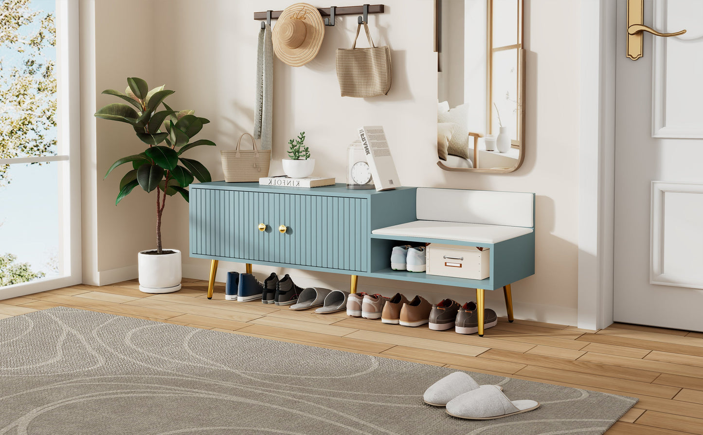 Modern Tiffany Blue Shoe Storage Bench with Cushions
