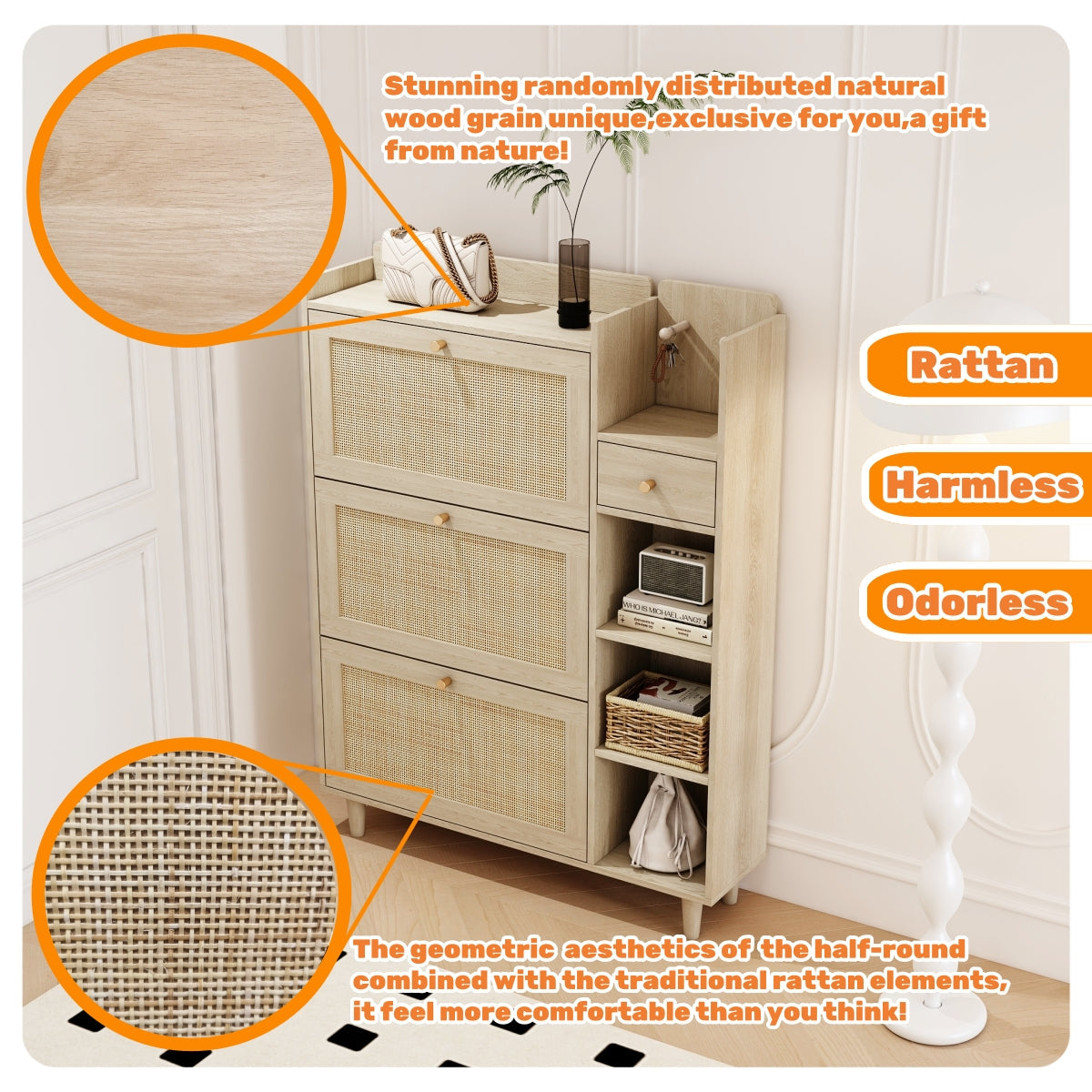 Natural Bohemian style shoe cabinet with 3 rattan flip drawers, 3 square shelves, and 1 storage drawer,  Natural - Korvel