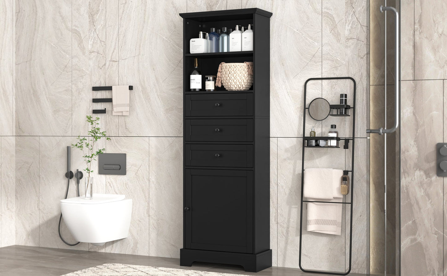 Elegant Black High Storage Cabinet with 3 Drawers