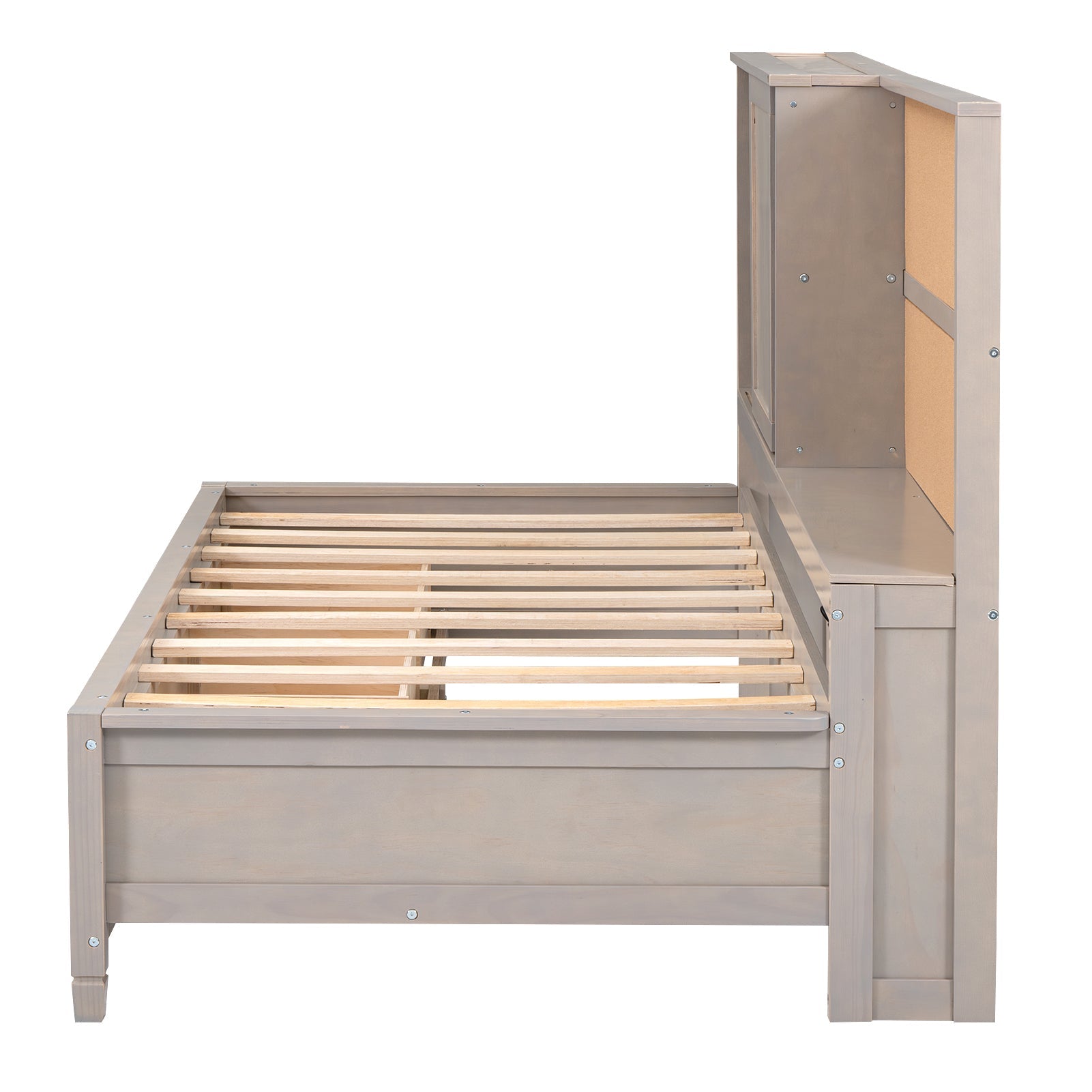 Twin Size Lounge Daybed with Storage Shelves, Cork Board, USB Ports and 3 Drawers, Antique Gray - Korvel
