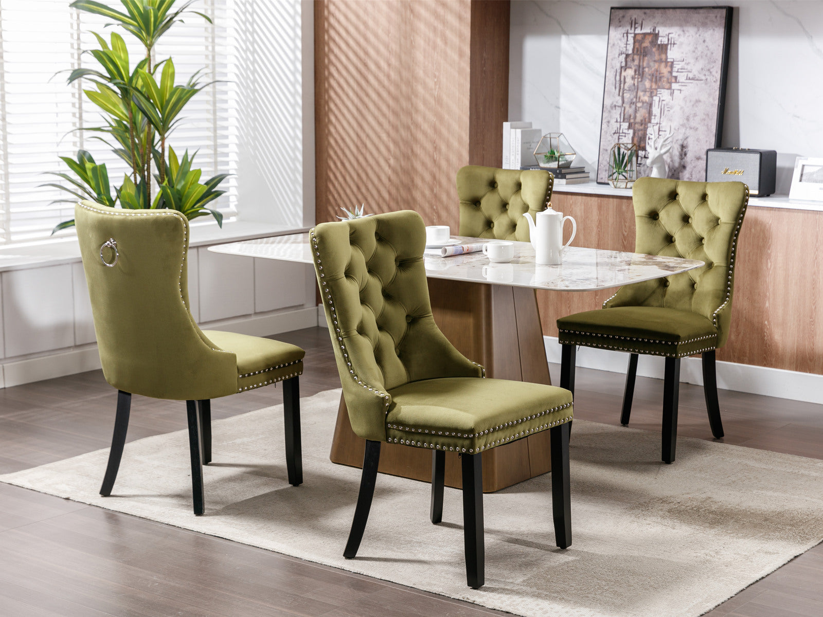 High-end Tufted Solid Wood Contemporary Velvet Upholstered Dining Chair with Wood Legs Nailhead Trim 2-Pcs Set Olive-Green - Korvel