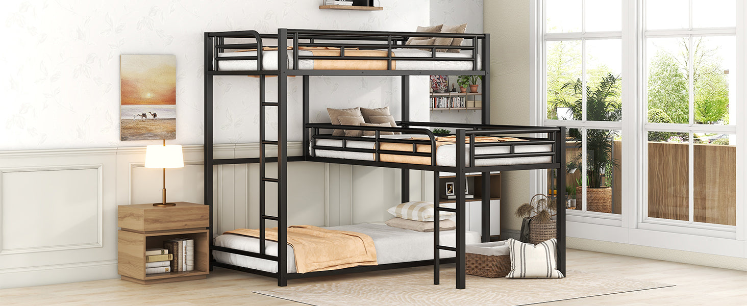 L-shaped Metal Triple Twin Size Bunk Bed, Black - Korvel