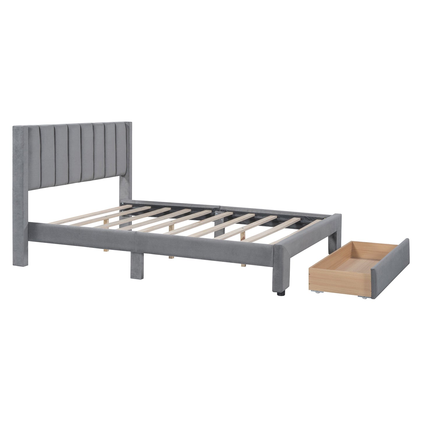 Full Size Storage Bed Velvet Upholstered Platform Bed with a Big Drawer - Gray - Korvel