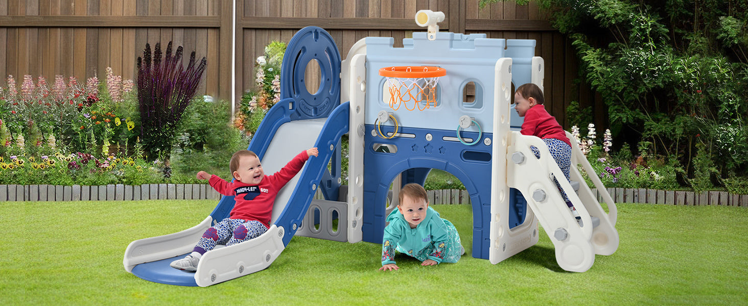 9-1 Toddler Slide Set,Kids Slide for Toddlers Ages 1+, Basketball Hoop, Tunnel and Storage Space, Pirate Ship Themed Slide - Korvel