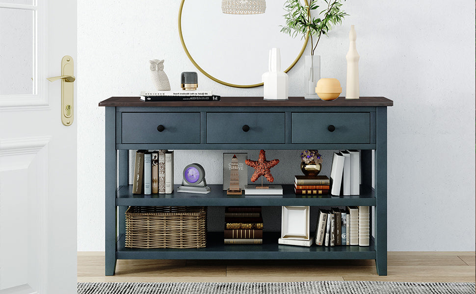 Retro Design Console Table with Two Open Shelves, Pine Solid Wood Frame and Legs for Living Room (Navy) - Korvel