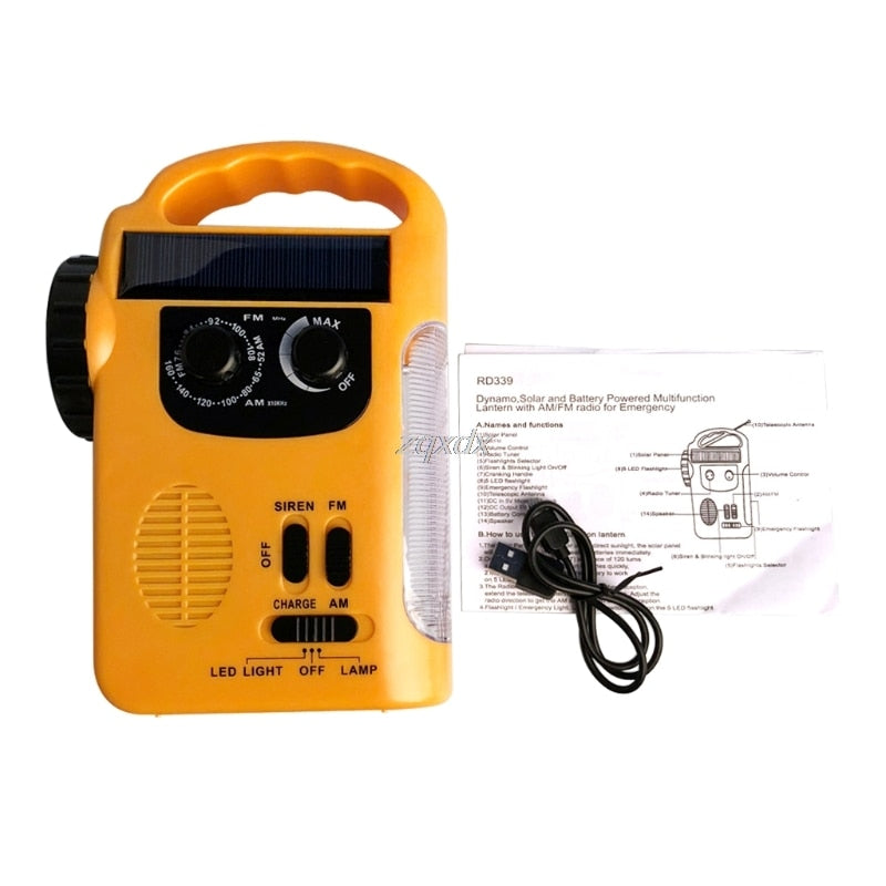 Outdoor Emergency Hand Crank Solar Dynamo AM/FM Radios Power Bank with LED Lamp - Korvel