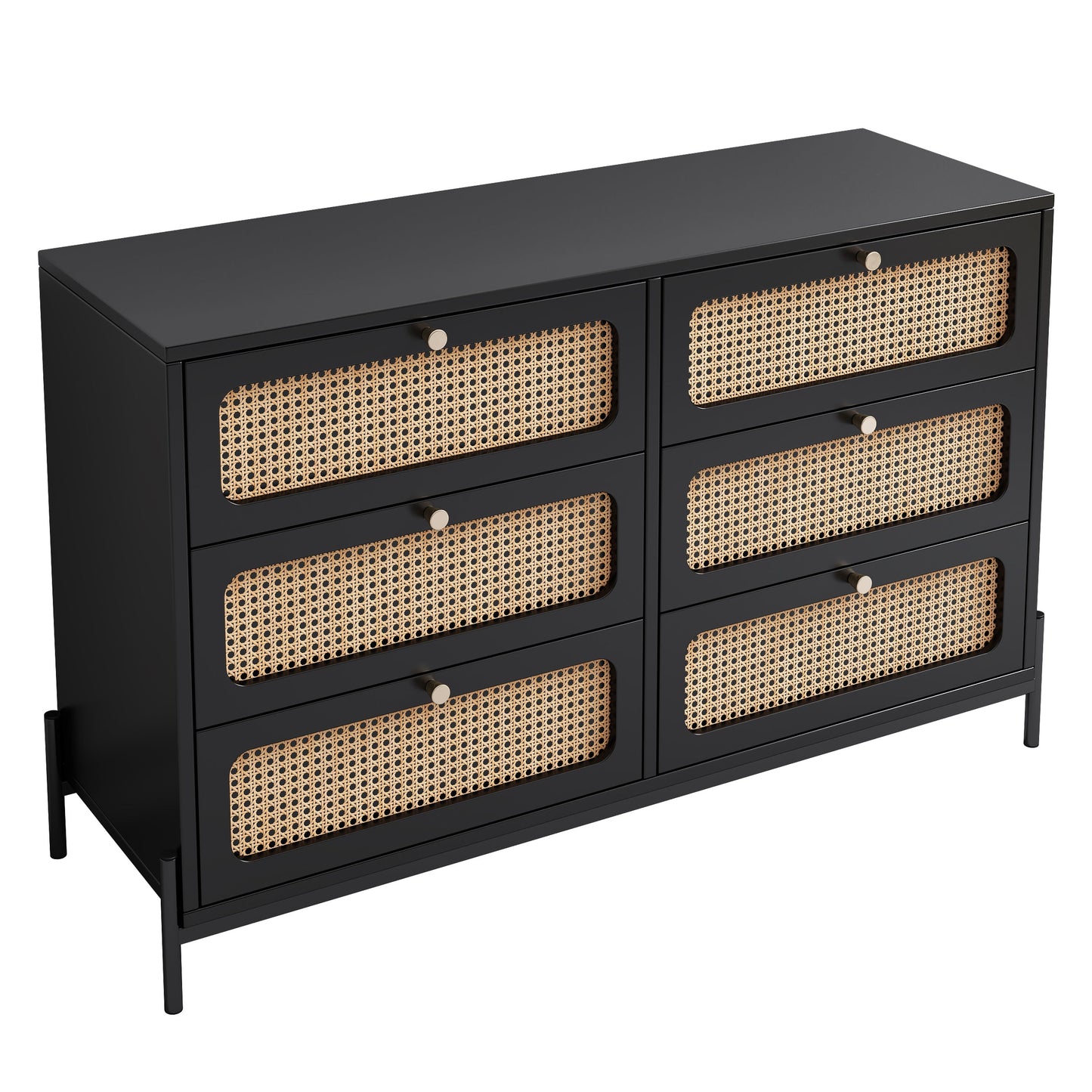 Commode moderne en bois de vignes de chanvre à 6 tiroirs en noir