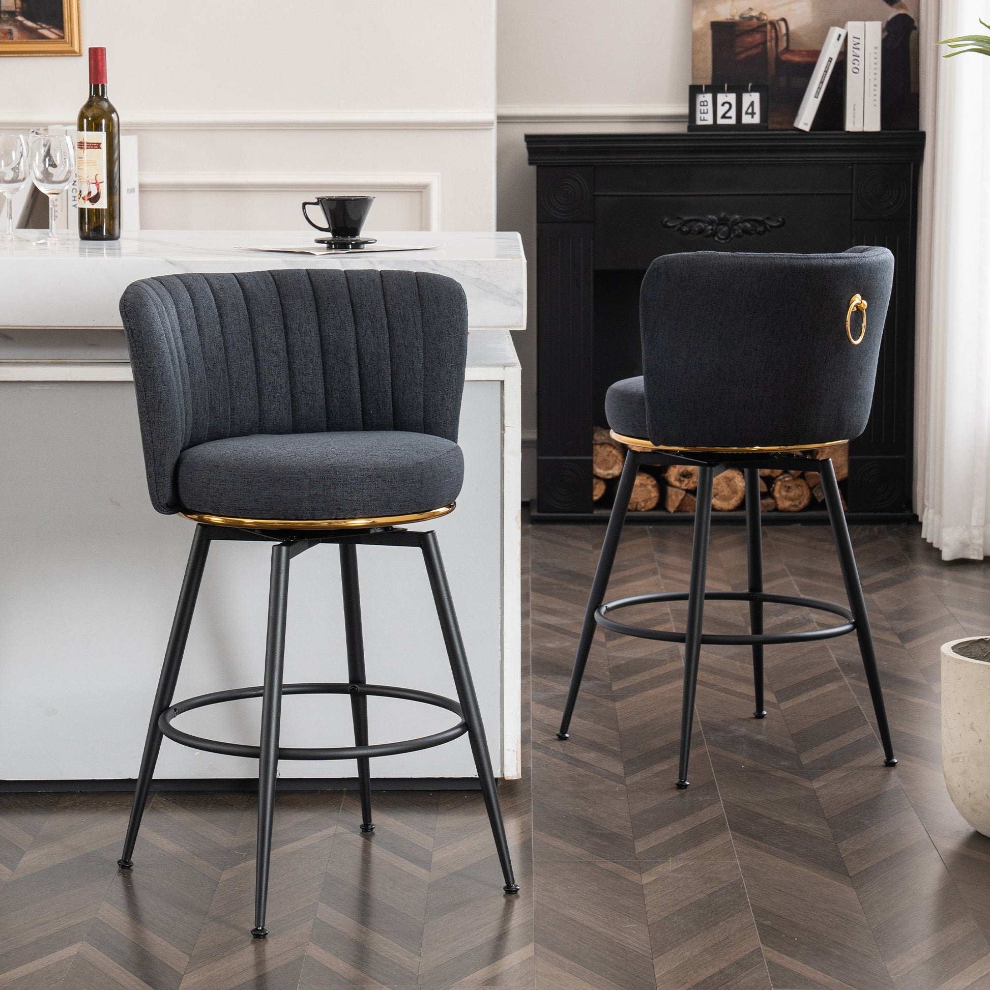 A set of 2 gray rotating bar stools - high backrest, adjustable, with elegant metal backrest decoration - Korvel