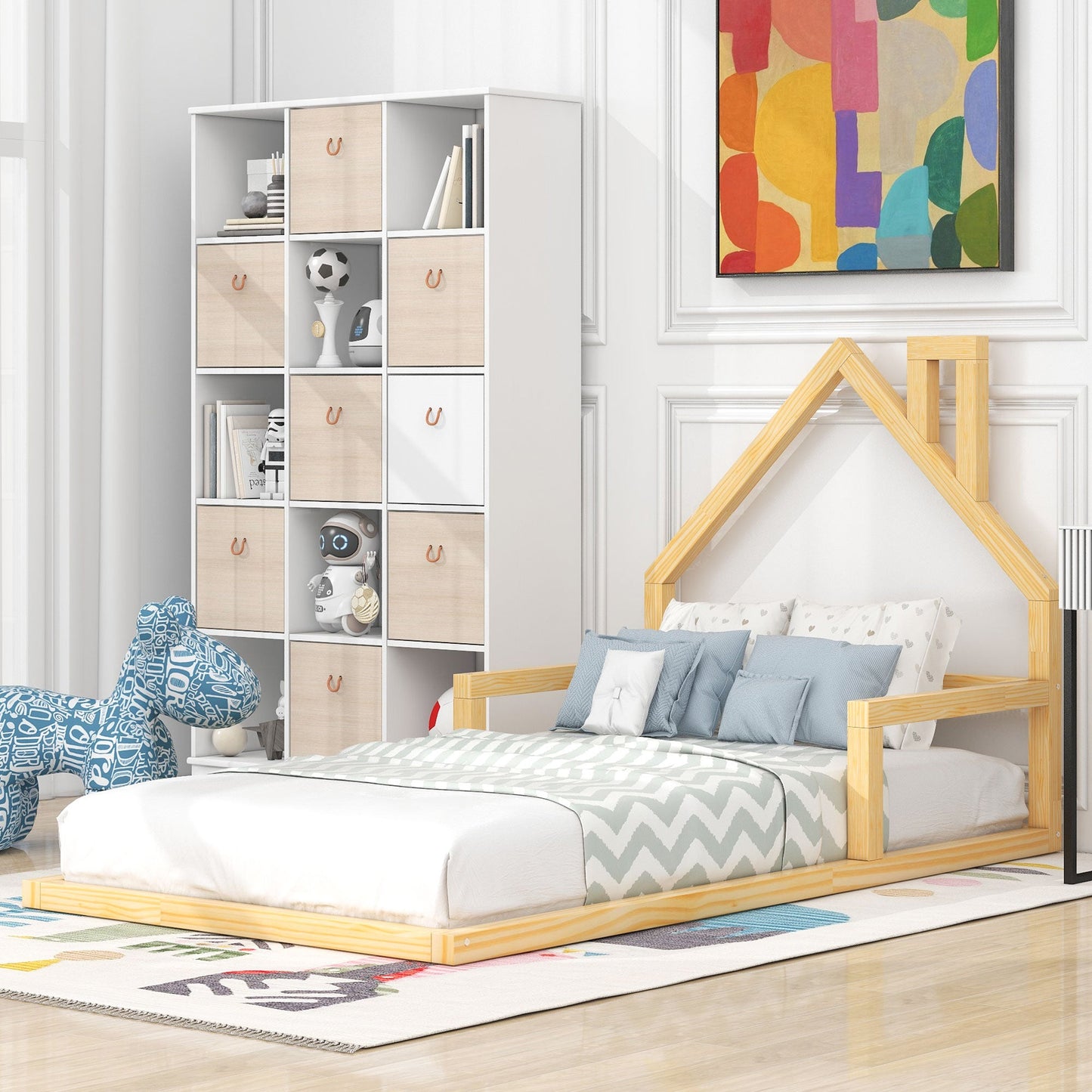 Natural Twin Size Wood Floor Bed with House Headboard