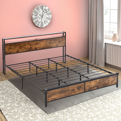 Industrial extra large bed frame with LED lights and 2 USB ports, extra large bed frame with storage space, rural brown color - Korvel