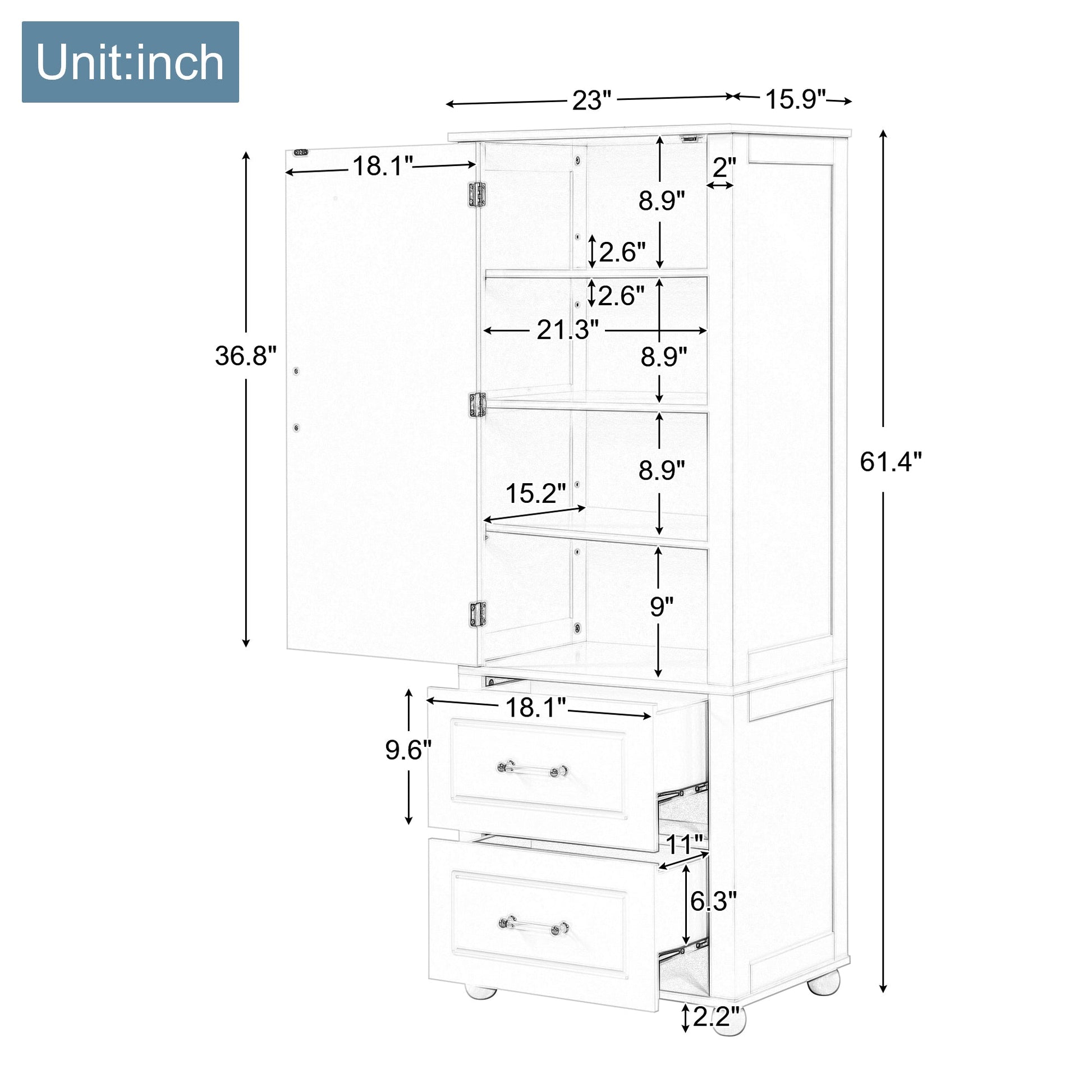 Tall bathroom storage cabinet with two drawers and adjustable shelves for independent storage - Korvel