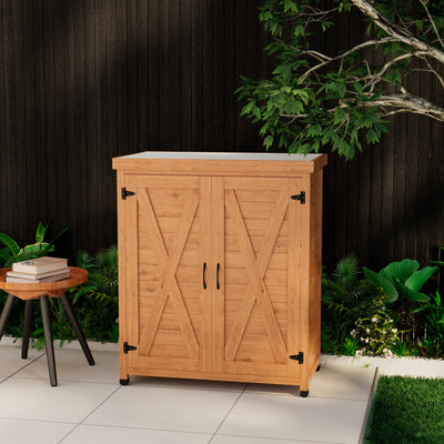 Potting Bench with Storage Cabinet and Metal Table Top for Outdoor Patio,Outdoor Work Station Table - Korvel