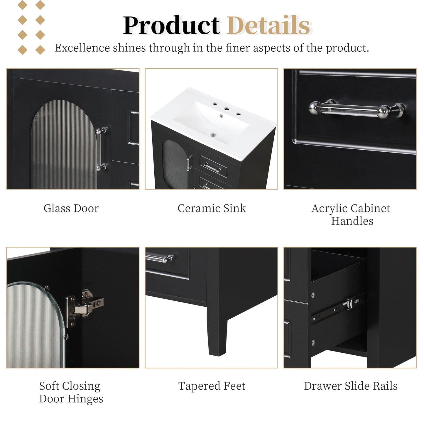 30" Bathroom Vanity with Sink, Bathroom Vanity Cabinet with Two Drawers and Door, Adjustable Shelf, Solid Wood and MDF, Black - Korvel