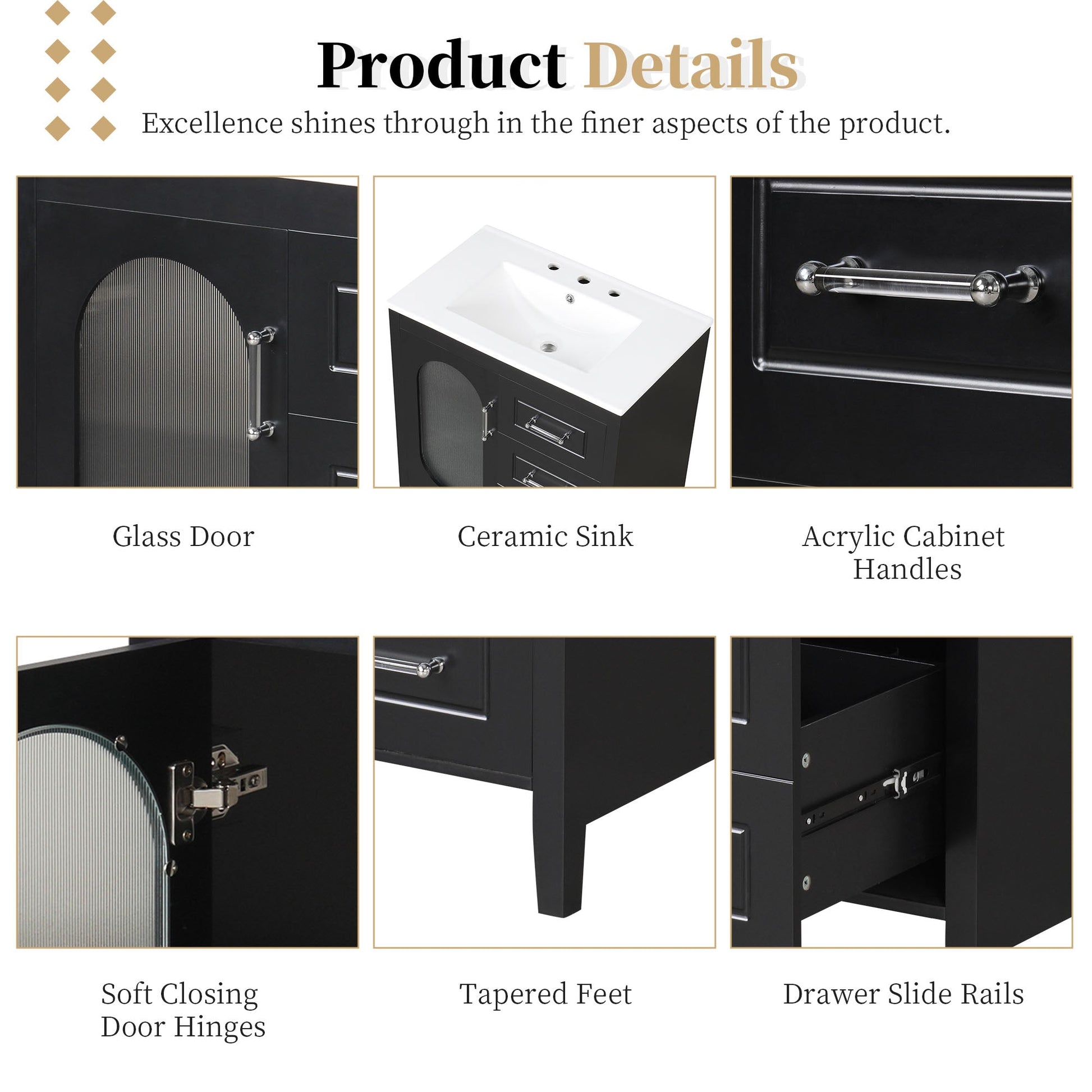 30" Bathroom Vanity with Sink, Bathroom Vanity Cabinet with Two Drawers and Door, Adjustable Shelf, Solid Wood and MDF, Black - Korvel