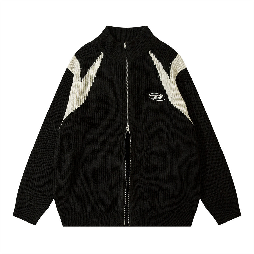 Color Block Zipper Cardigan Sweater Men's Autumn Street Style Stand Collar Long Sleeve Loose Knitwear - Korvel