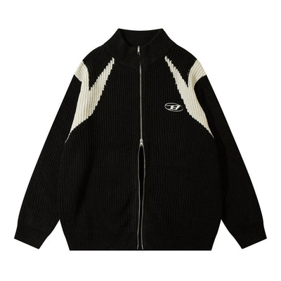 Color Block Zipper Cardigan Sweater Men's Autumn Street Style Stand Collar Long Sleeve Loose Knitwear - Korvel