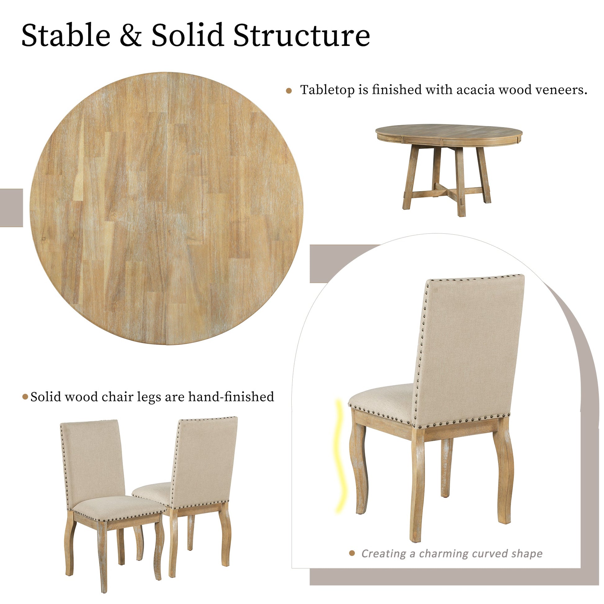 TREXM 5-Piece Farmhouse Dining Table Set Wood Round Extendable Dining Table and 4 Upholstered Dining Chairs (Natural Wood Wash) - Korvel
