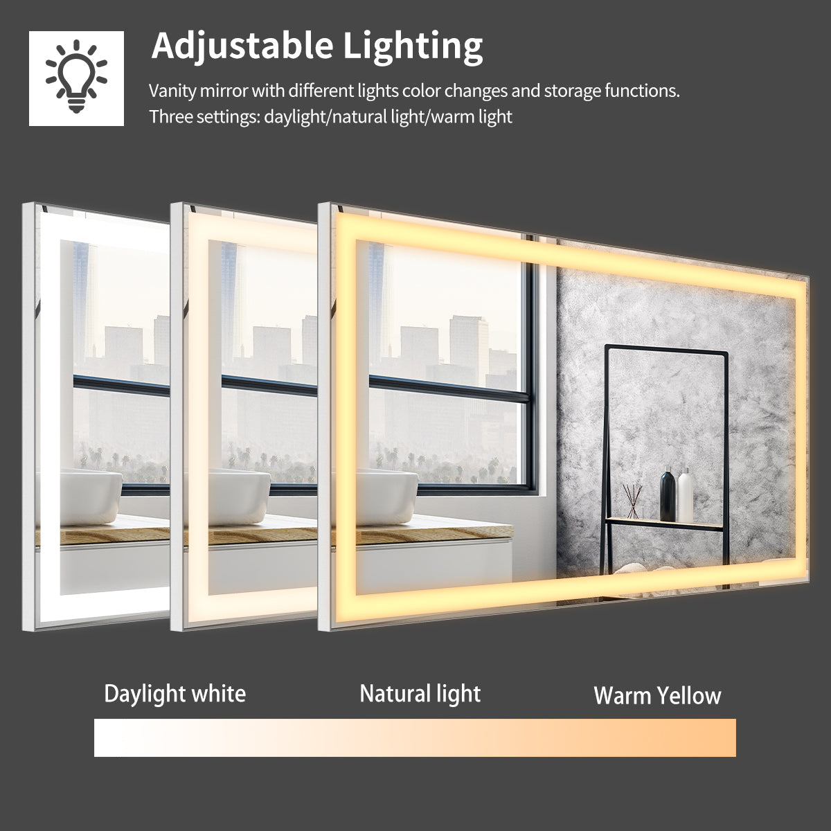 48x24 inch LED bathroom makeup mirror wall mounted adjustable light anti fog touch switch with memory intelligent large bathroom - Korvel