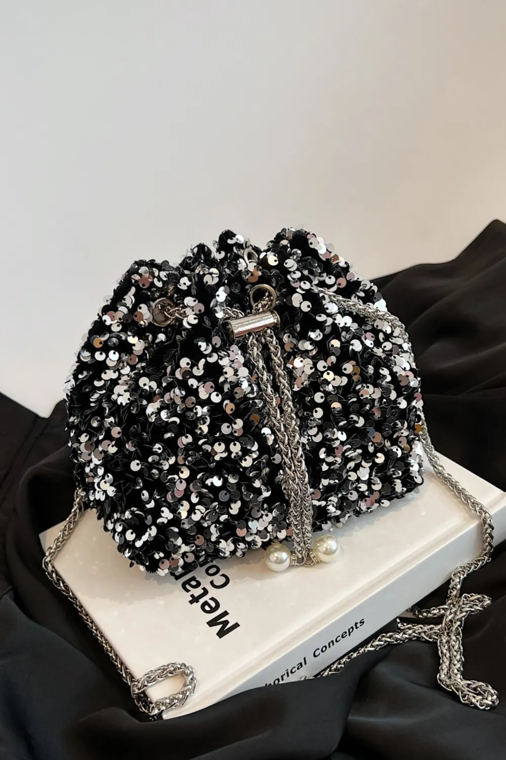 Sequin Chain Drawstring Bucket Bag - Korvel