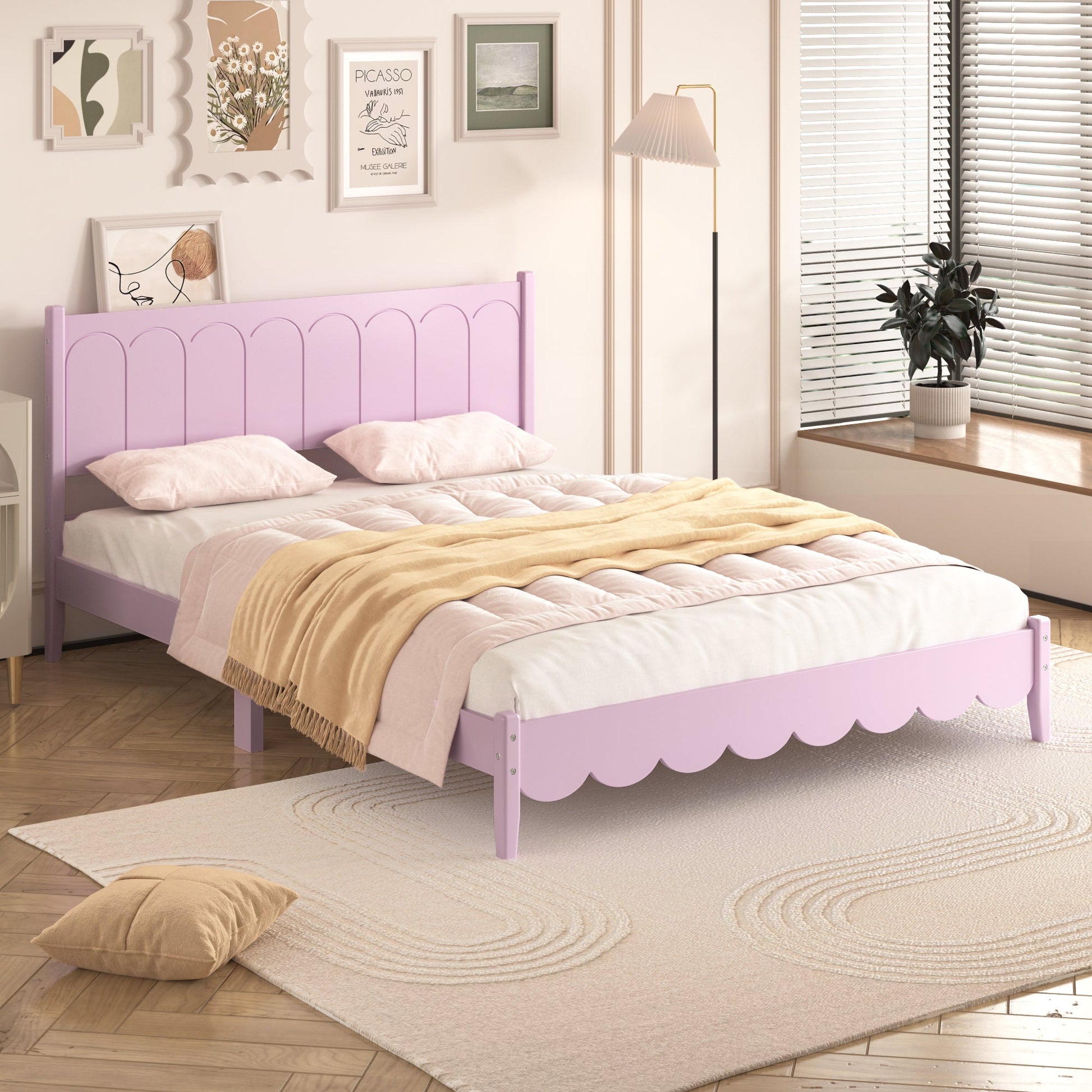 Queen Size Wood Platform Bed Frame, Retro Style Bed with Rectangular Headboard,No Need Box Spring,Pink - Korvel
