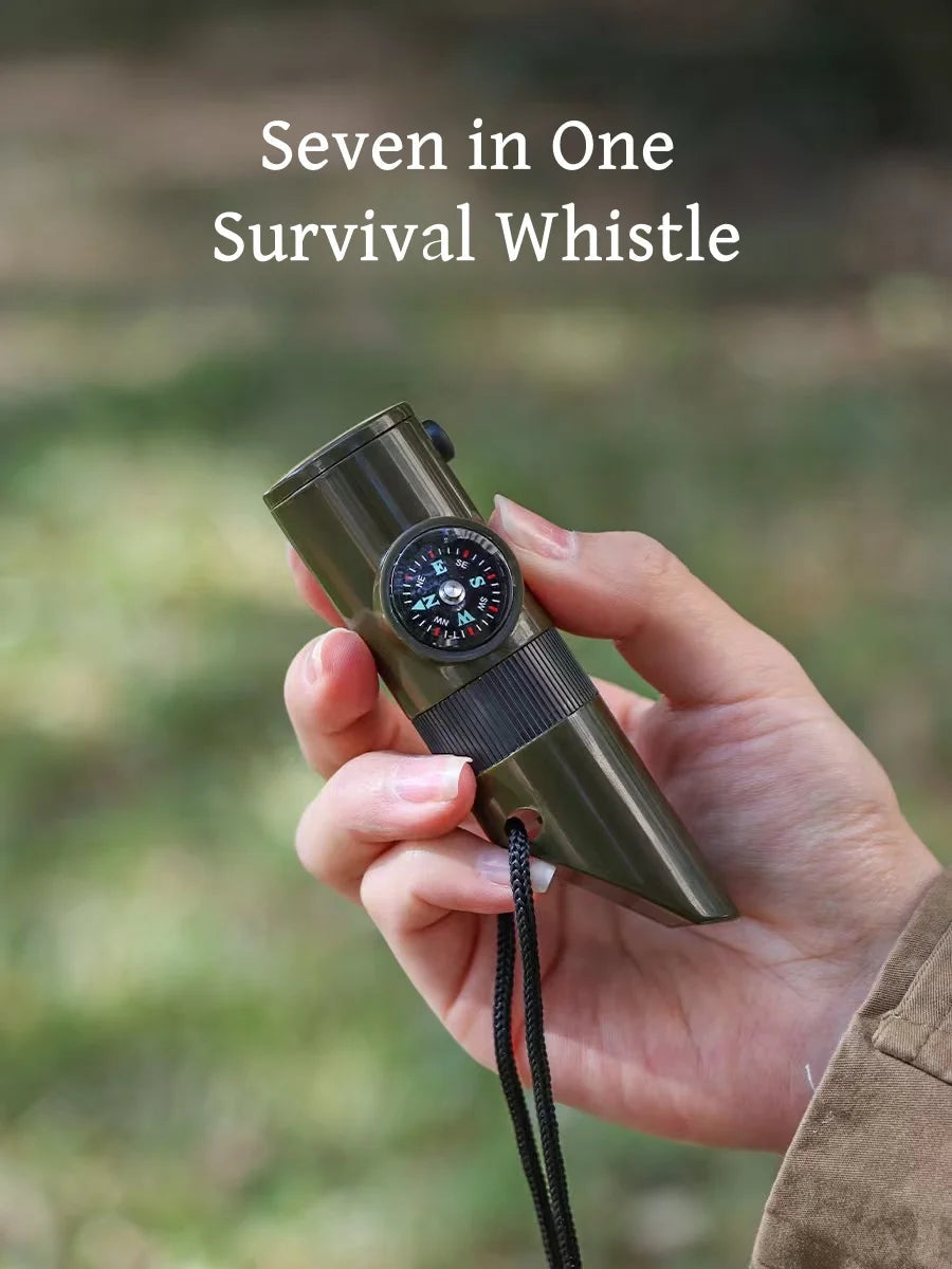 NEW 7 in 1 Survival Whistle Hiking Whistle Compass Mirror Flashlight Magnifier LED Light Thermometer Storage Compass Tool - Korvel