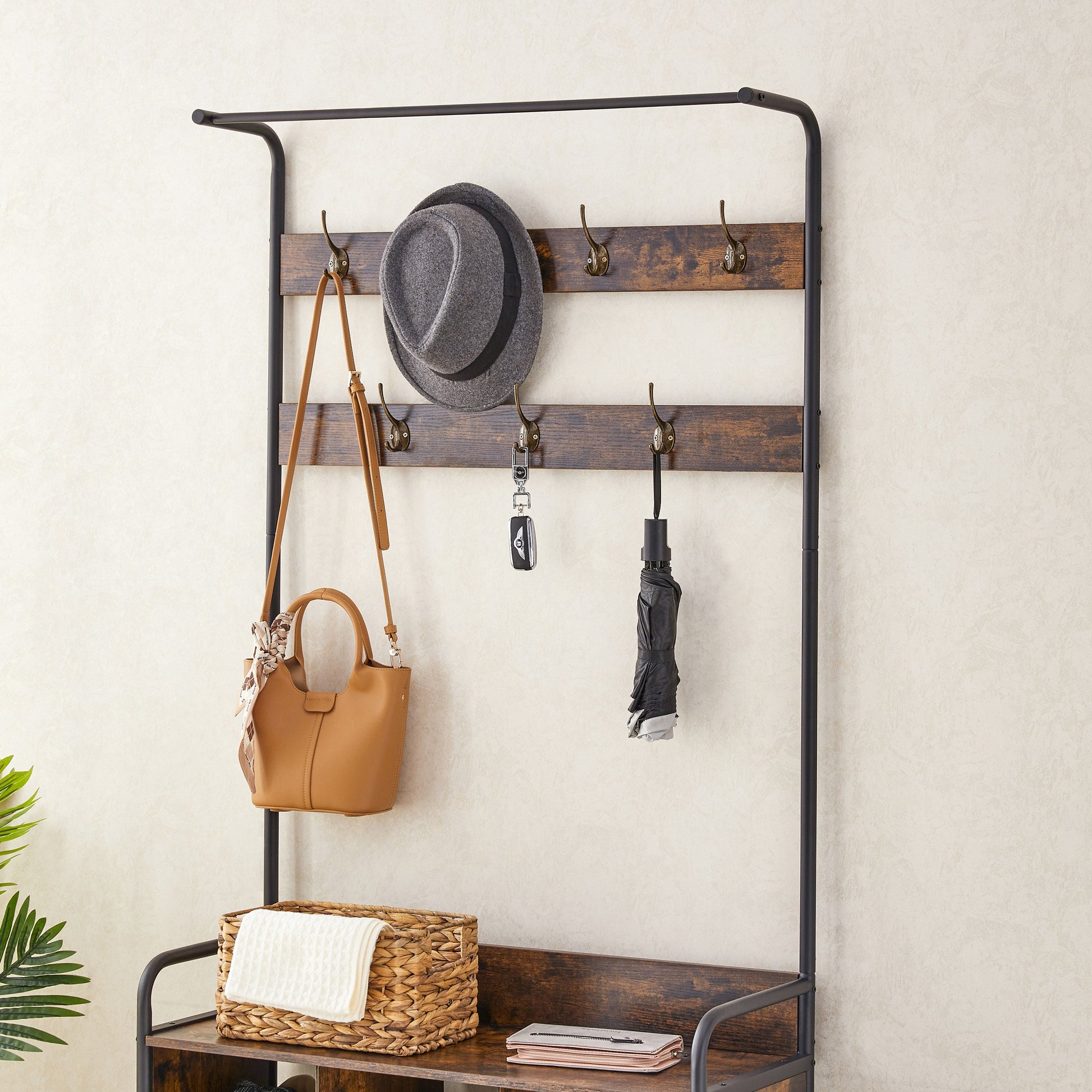 Coat Rack, Hall Tree with Shoe Rack for Entryway, 3-in-1 Entryway Coat Rack and Storage Rack, with 7 Hooks, a Hanging Rod - Korvel