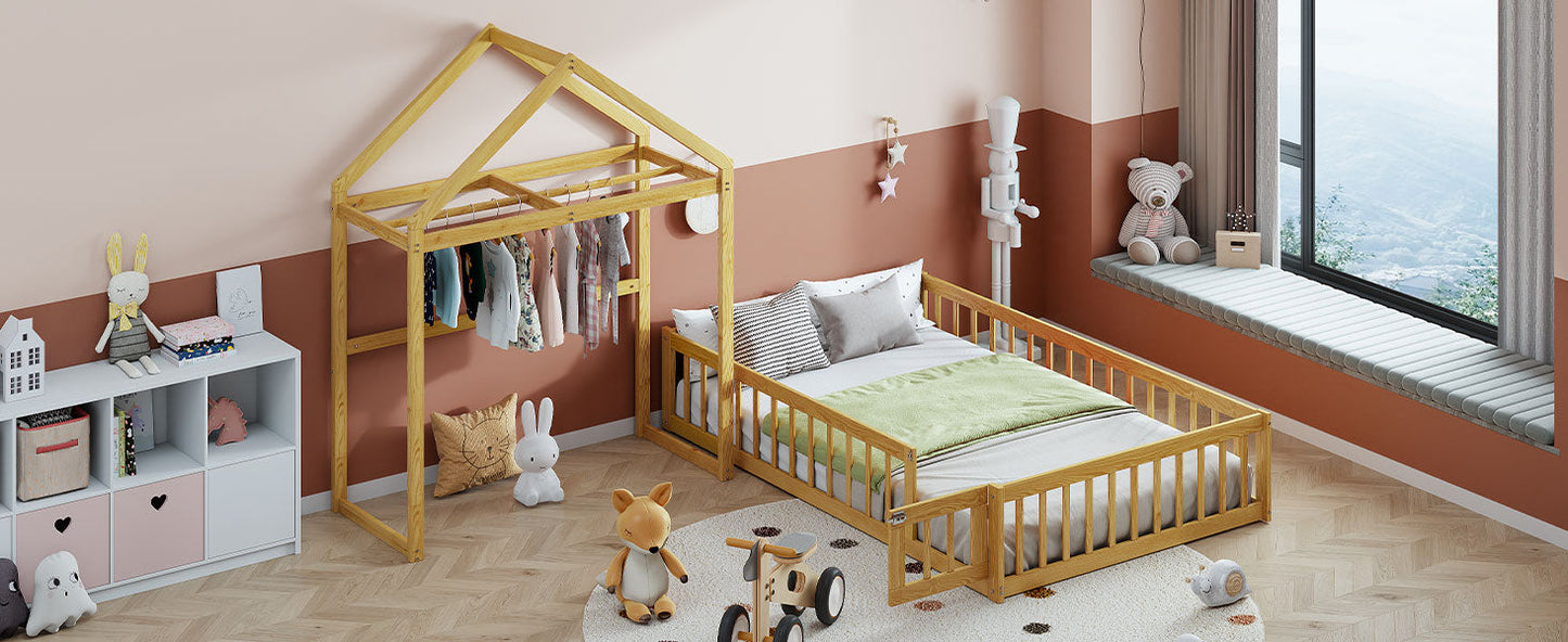 Wooden Full Size Children's Bed with Detachable Headboard and Integrated Clothes Drying Rack, Natural - Korvel