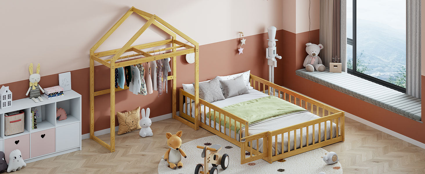 Wooden Full Size Children's Bed with Detachable Headboard and Integrated Clothes Drying Rack, Natural - Korvel