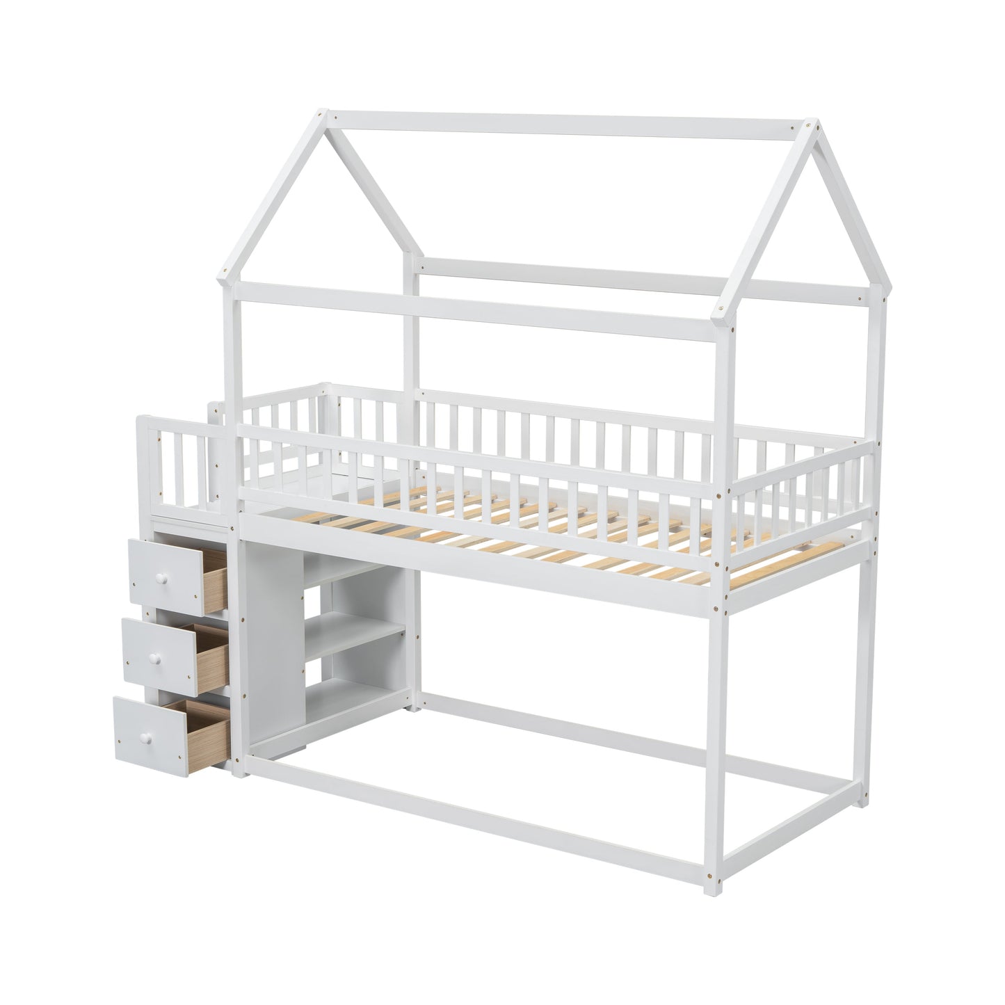 TWIN/TWIN HOUSE BUNK BED WITH SHELVES AND DRAWERS FOR WHITE COLOR - Korvel
