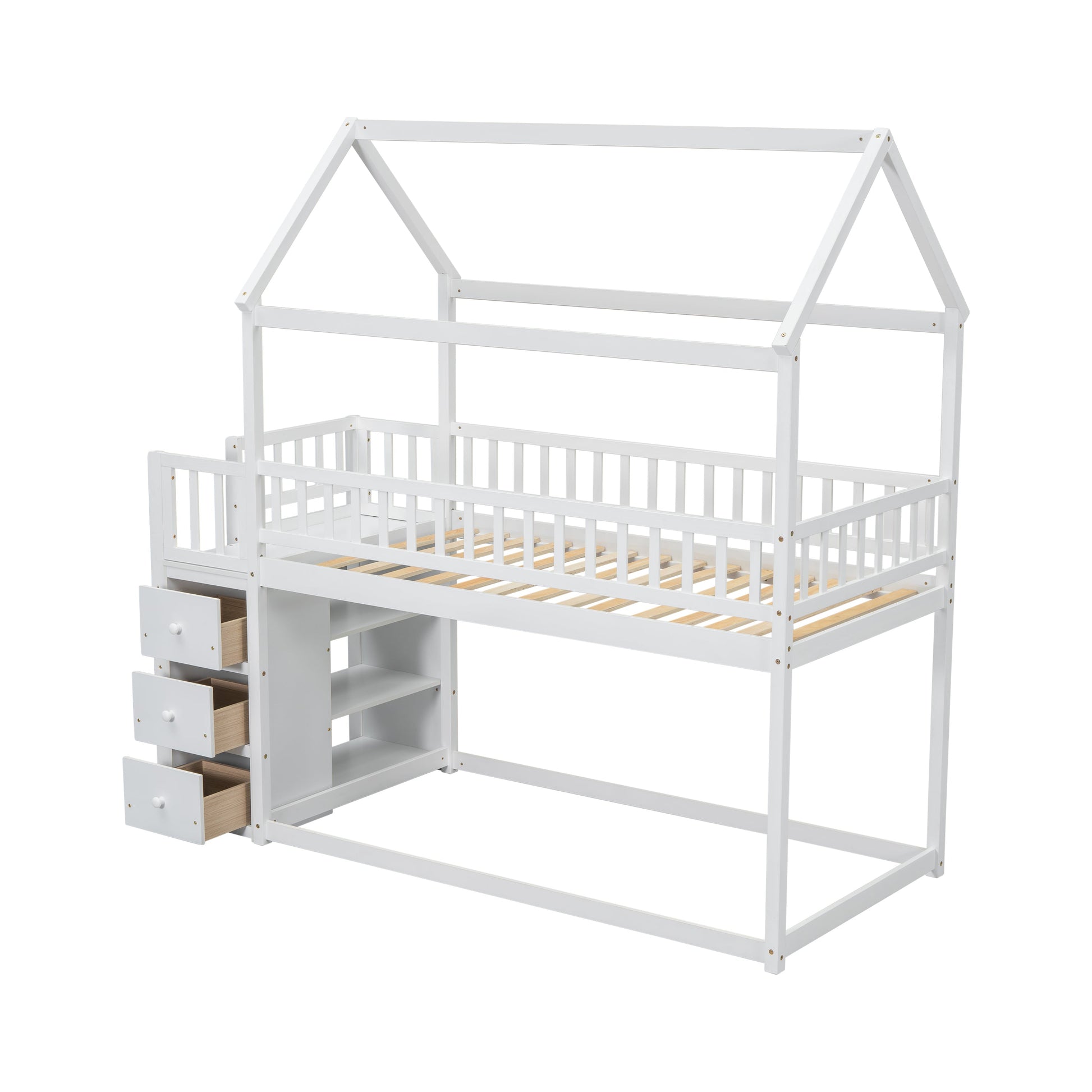 TWIN/TWIN HOUSE BUNK BED WITH SHELVES AND DRAWERS FOR WHITE COLOR - Korvel