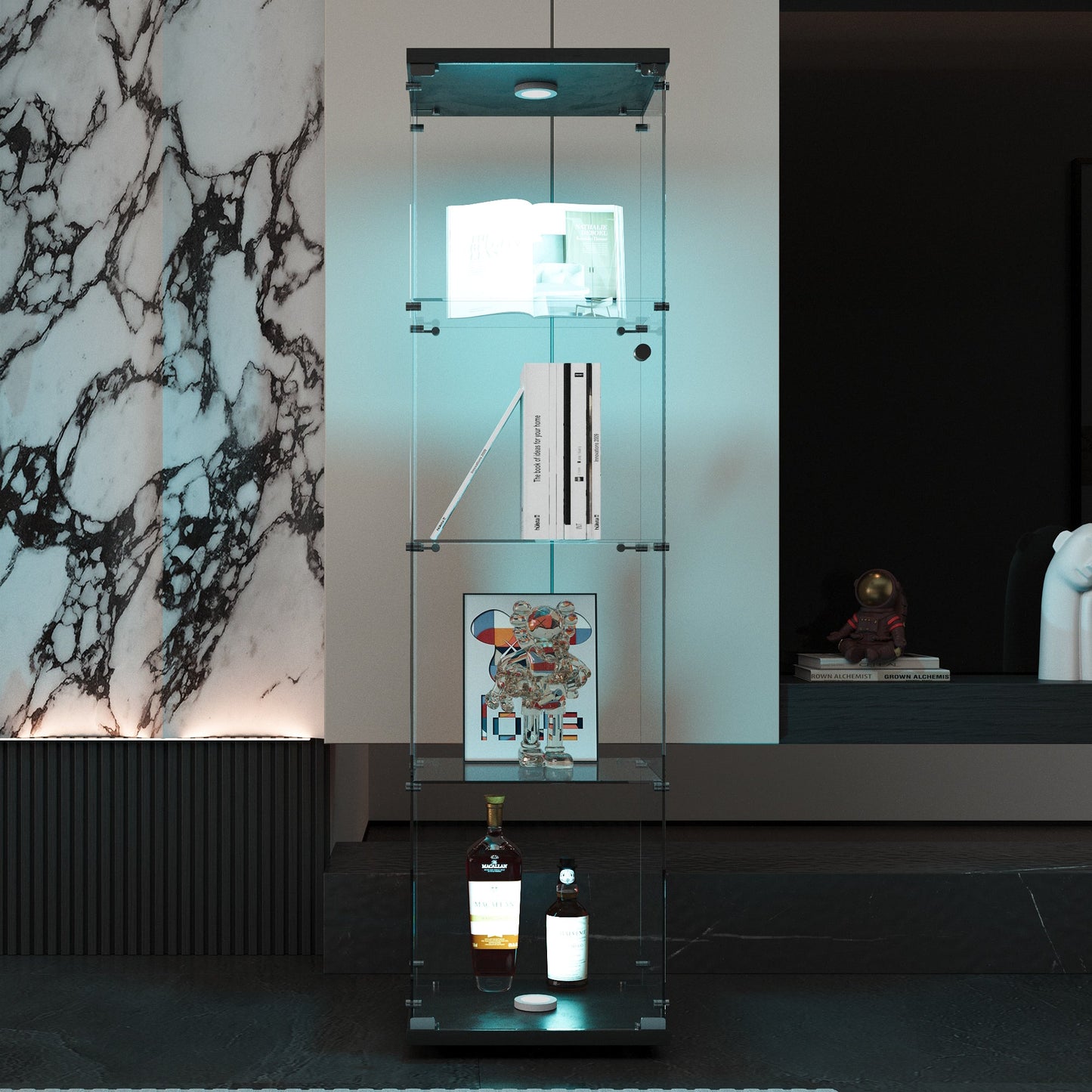 Cabinet d'affichage en verre LED élégant avec 4 étagères - Noir