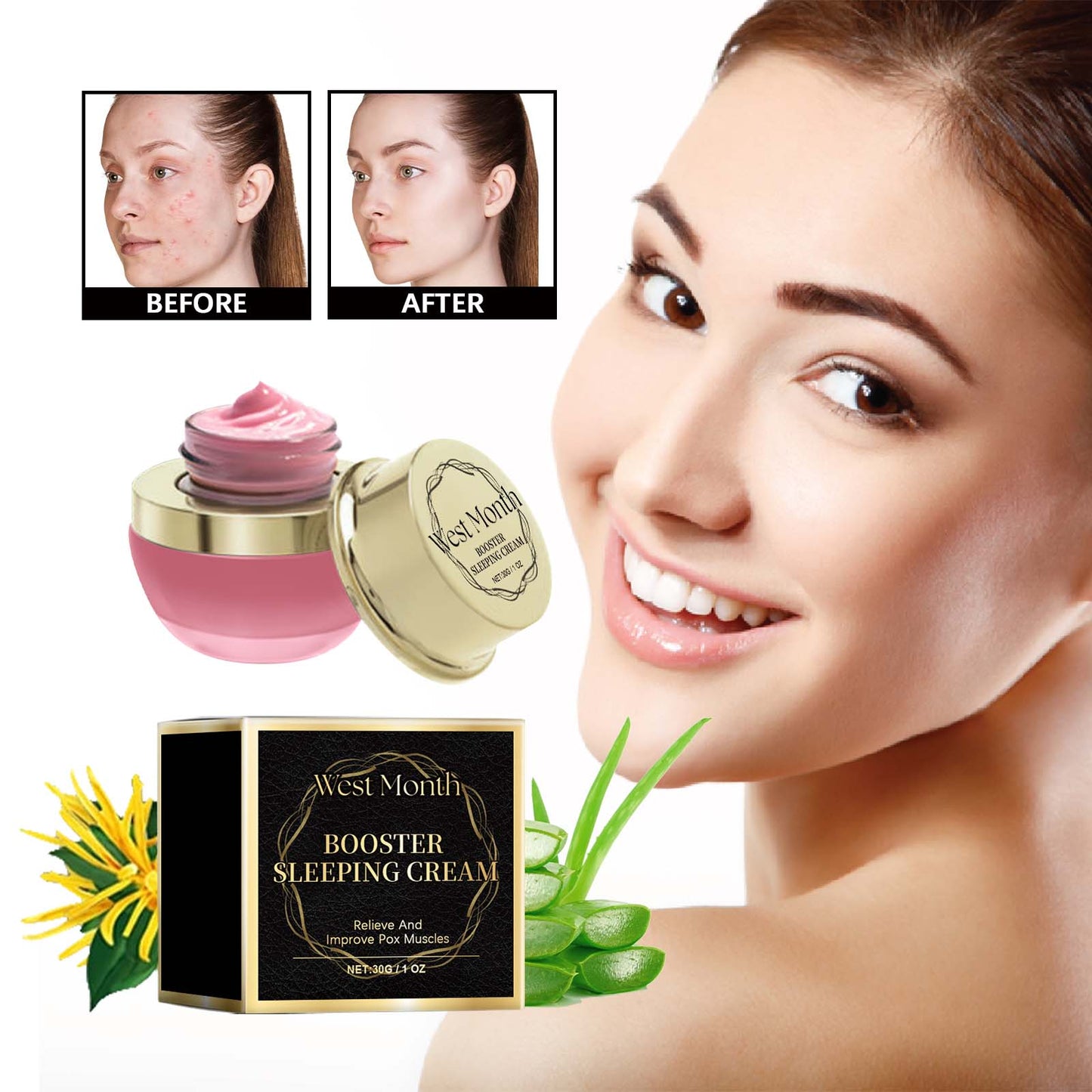 Booster Sleeping Cream, Whitening And Brightening Facial Skin Deep Hydrating Sleep Mask - Korvel