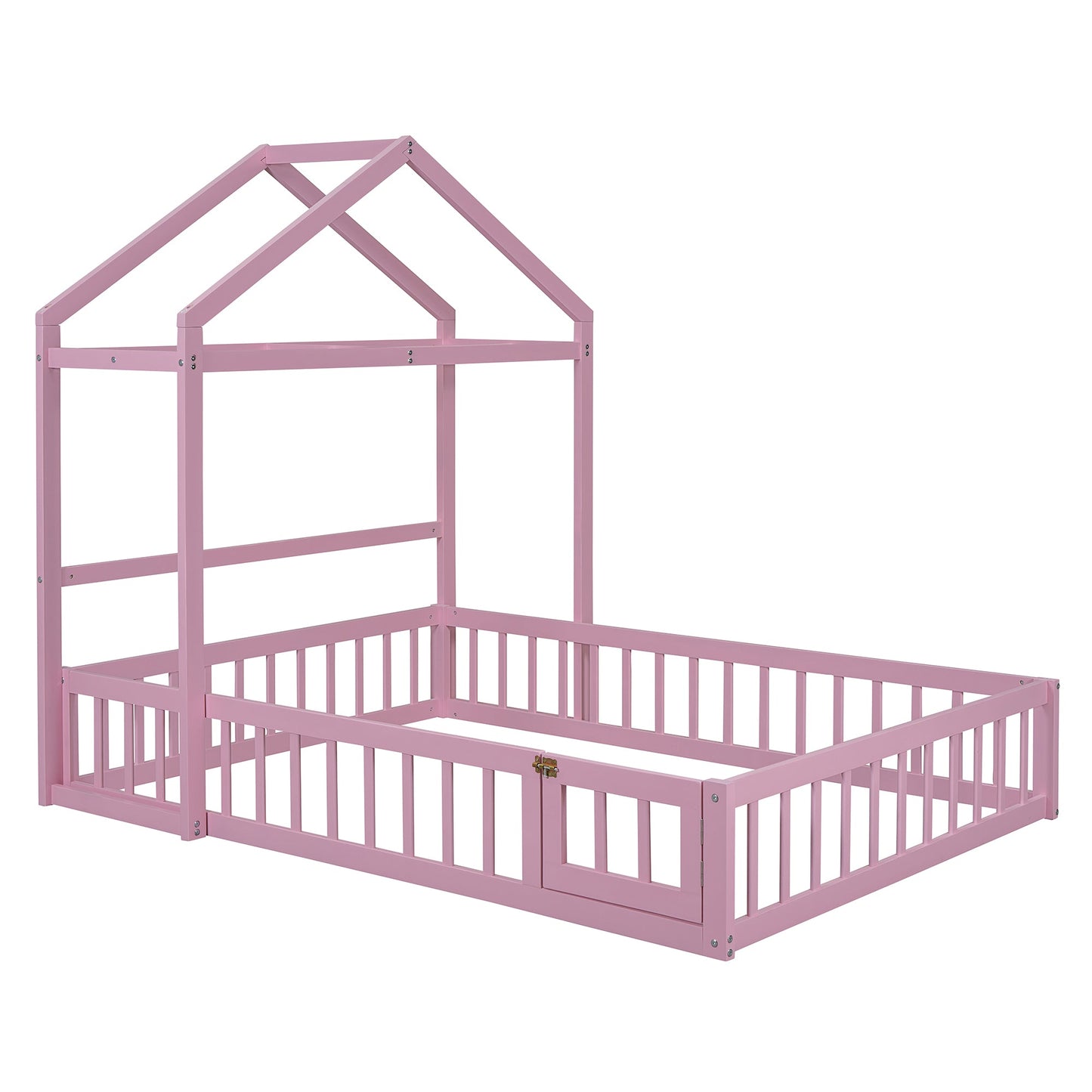 Wooden Full Size Children's Bed with Detachable Headboard and Integrated Clothes Drying Rack, Pink - Korvel
