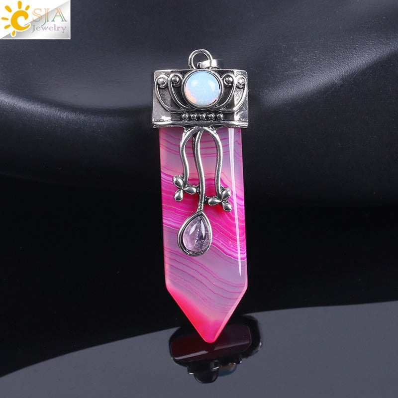 CSJA Vintage Large Natural Stone Sword-Shaped Pendant Jewelry Striped Crystal Agate Tiger Eye Jewelry Pendant Without Chain - Korvel