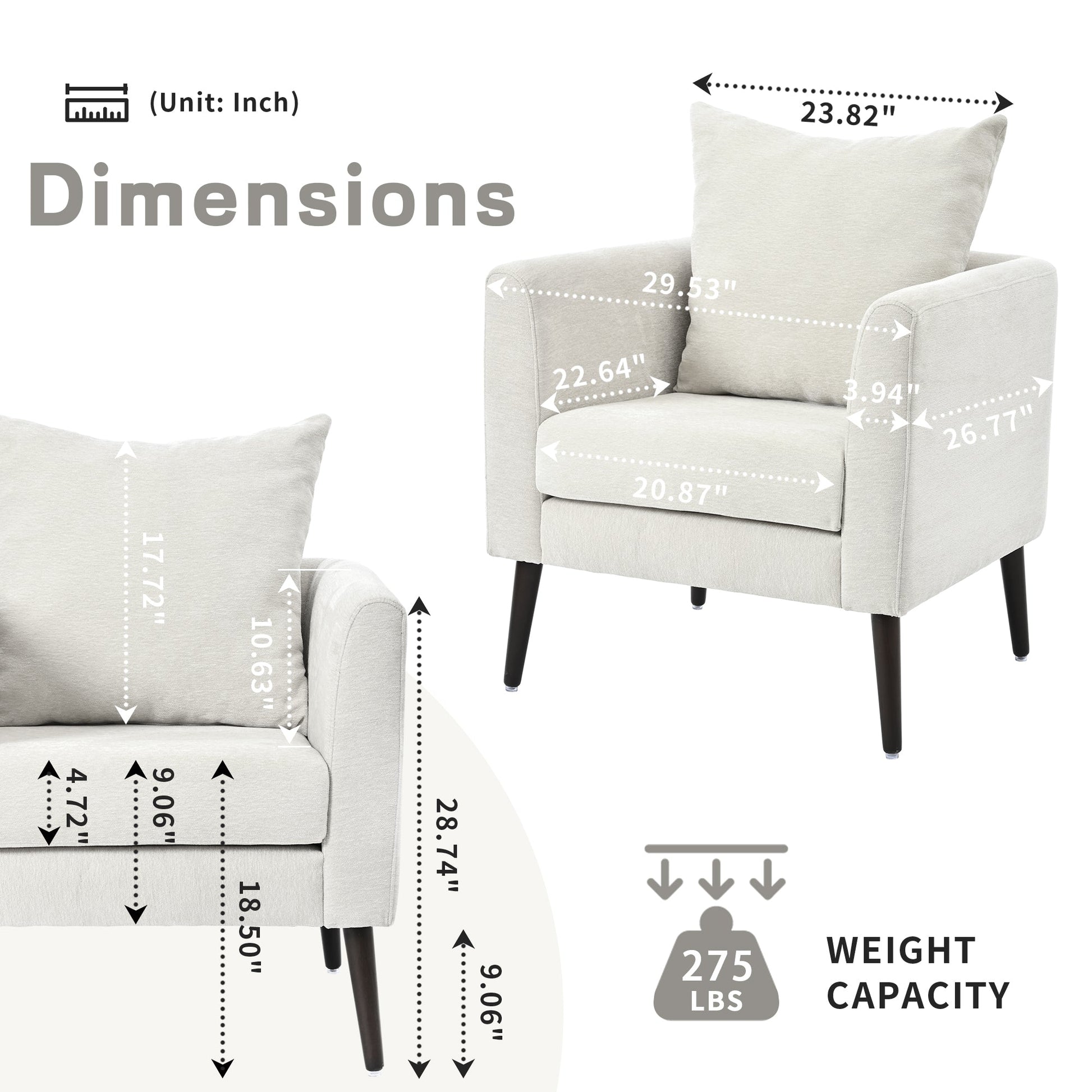 Bucket chair, Schneier accent chair, fabric armchair club chair, solid wood leg cushion armchair, lumbar pillow, beige - Korvel
