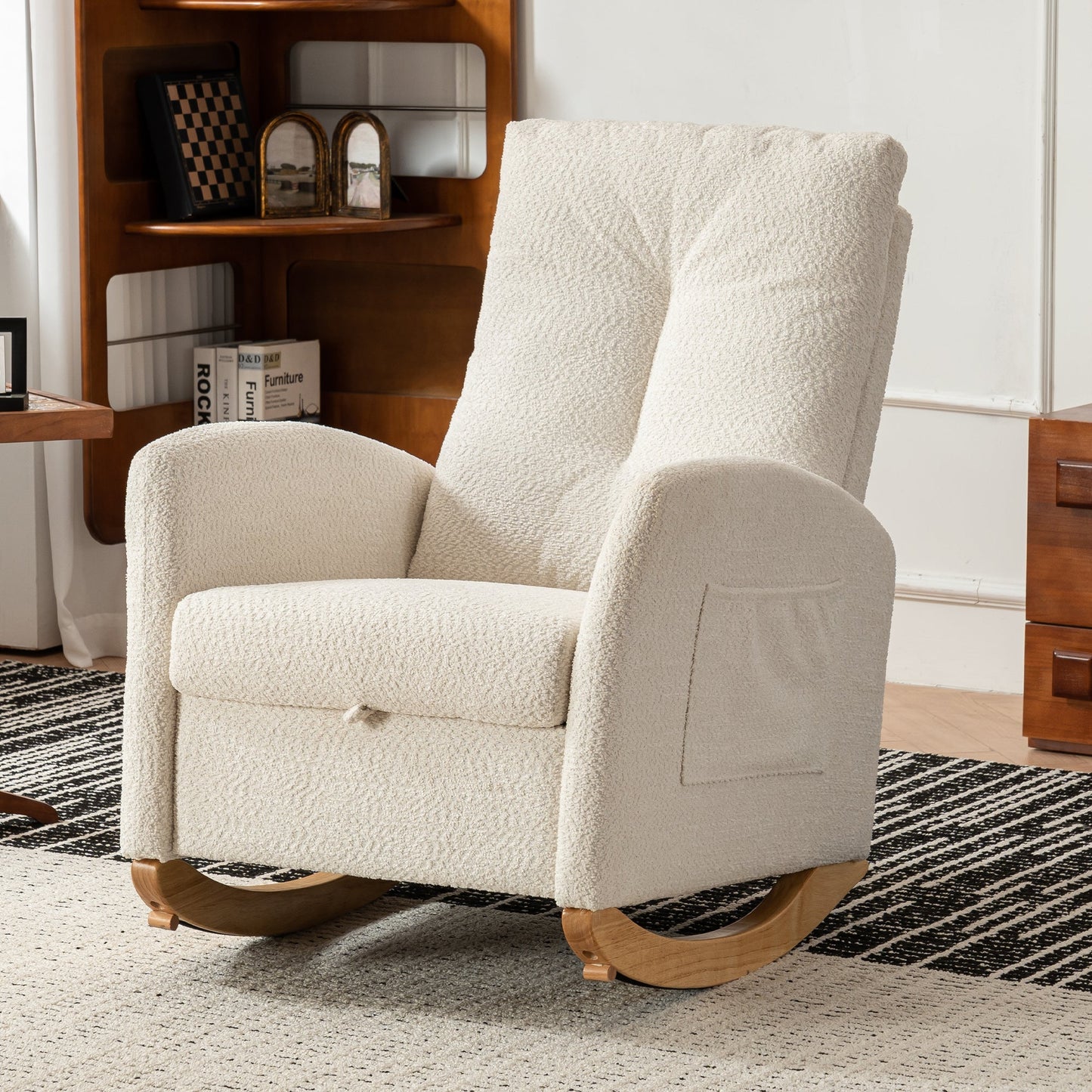 Accent Rocking  Chair with Footrest High Back Rubber Wood Rocking Legs Bedroom Living Space - Korvel